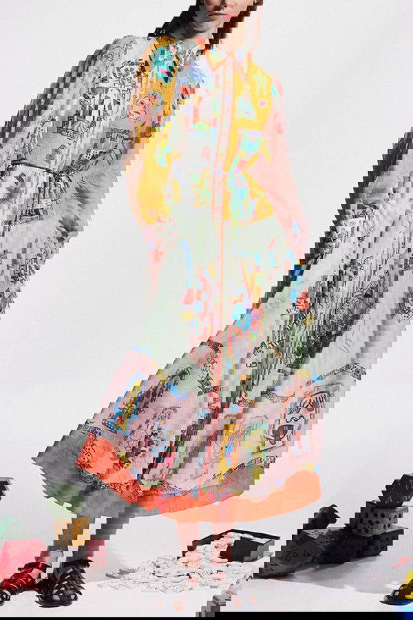 Single Breasted Long Lantern Sleeve Graffiti Printing Lace Up Large Swing Dress