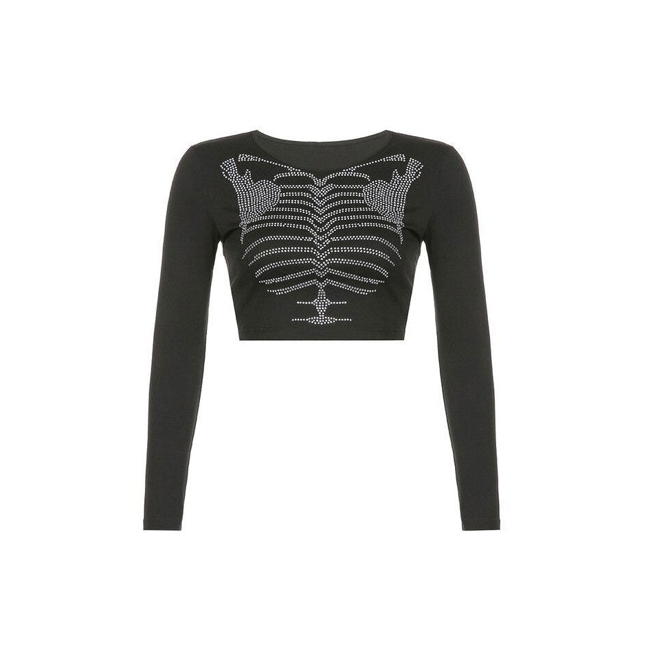Skelett-Strass-Langarm-Top