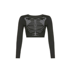 Skelett-Strass-Langarm-Top