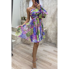 Slant Shoulder Casual Printed Wear Dress Party Zipper Dress