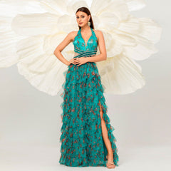 Sleeveless V neck Halter Long Floor Length Wedding Evening Dress Large Swing