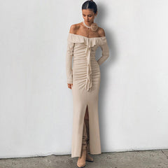 Slim Fit Ruffled Dress  High Sense Khaki off Neck Tube Top Split Fishtail