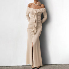 Slim Fit Ruffled Dress  High Sense Khaki off Neck Tube Top Split Fishtail