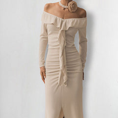 Slim Fit Ruffled Dress  High Sense Khaki off Neck Tube Top Split Fishtail