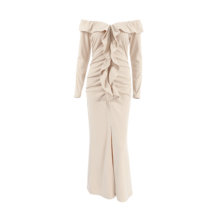 Slim Fit Ruffled Dress  High Sense Khaki off Neck Tube Top Split Fishtail