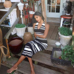 Slimming Sleeveless Halter Backless Striped Knitted Dress Casual Waist Tight Beach Bohemian
