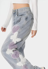 Soft Girl Flauschige Jeans mit Herz-Schmetterling