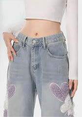 Soft Girl Flauschige Jeans mit Herz-Schmetterling