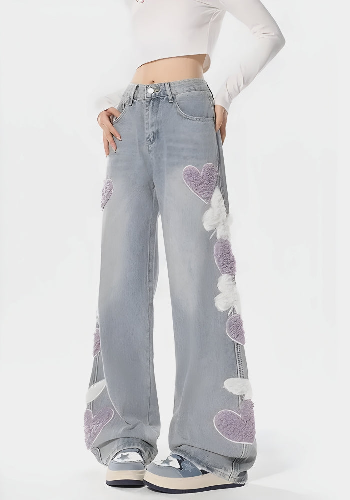 Soft Girl Flauschige Jeans mit Herz-Schmetterling