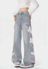Soft Girl Flauschige Jeans mit Herz-Schmetterling