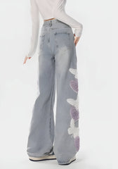 Soft Girl Flauschige Jeans mit Herz-Schmetterling