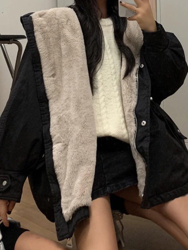 Einfarbige Jacke mit Kapuze, Kordelzug und Klappe