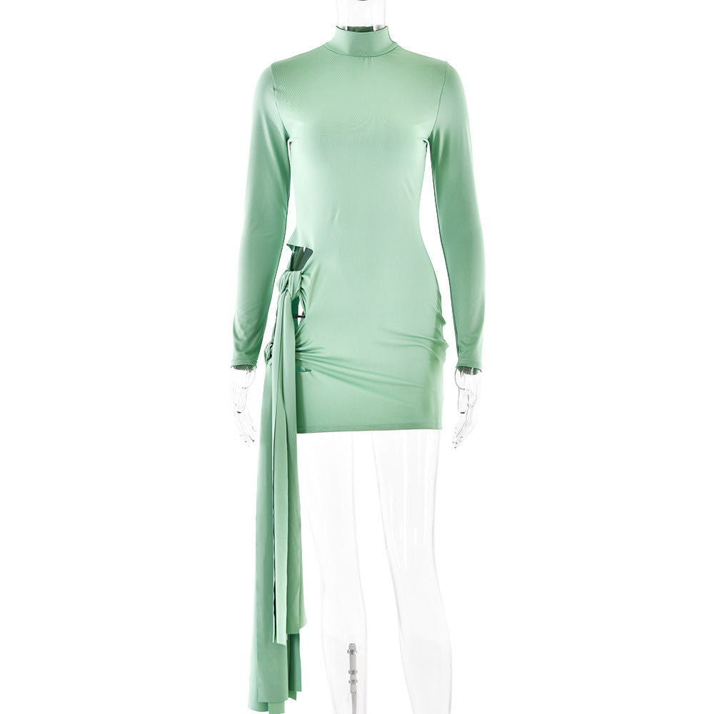 Dress Round Neck Long Sleeve Slim Fit Hip Wrapped Short