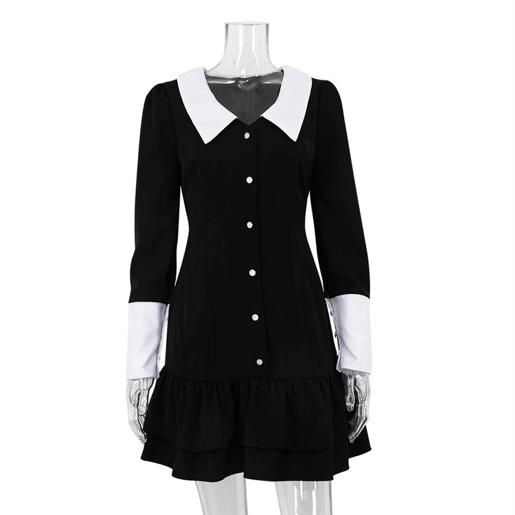 French Black Dress Colorblock Collared Slimming Hip Bag