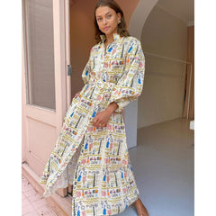 Vestido informal holgado de vacaciones con estampado de manga larga