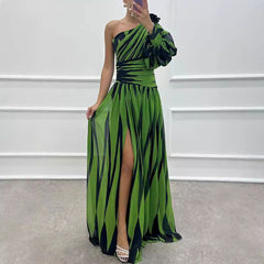 Printed Diagonal Shoulder Split Dress Casual Loose Party Dress Dress