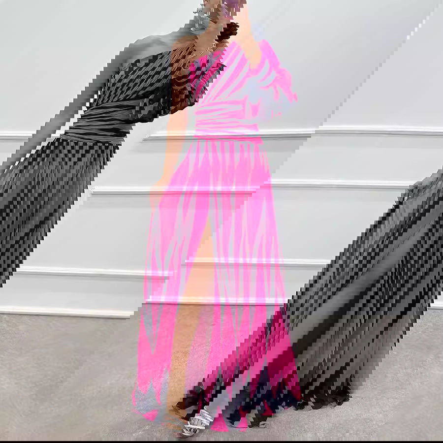 Printed Diagonal Shoulder Split Dress Casual Loose Party Dress Dress