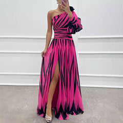 Printed Diagonal Shoulder Split Dress Casual Loose Party Dress Dress