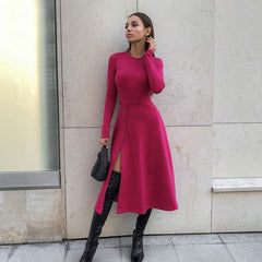 Long Slit GracefulTight Waist Slim-Fit Long Sleeve Milk Silk Dress