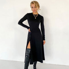 Long Slit GracefulTight Waist Slim-Fit Long Sleeve Milk Silk Dress