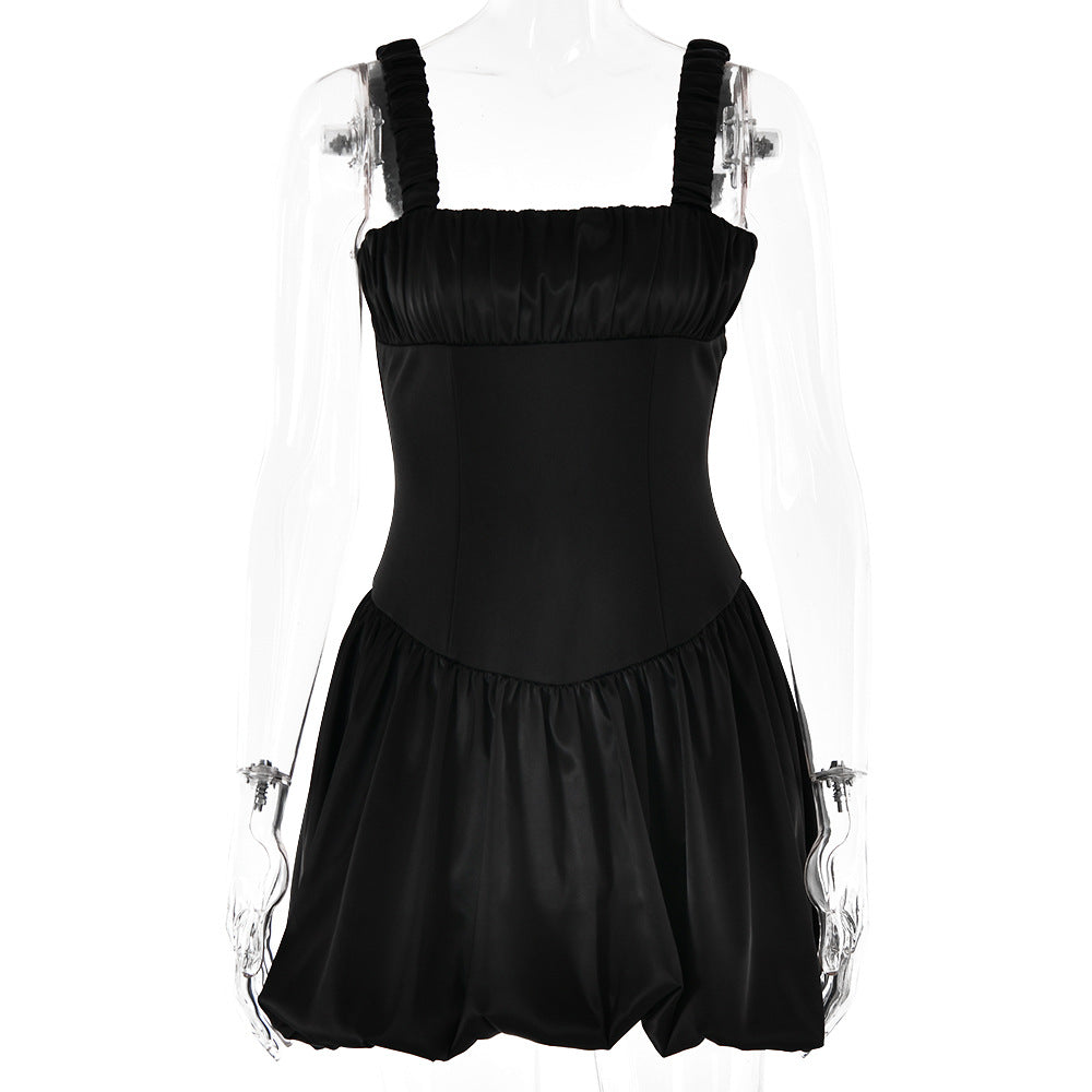 Dress Elegant Square Collar Strap Stitching Backless Dress