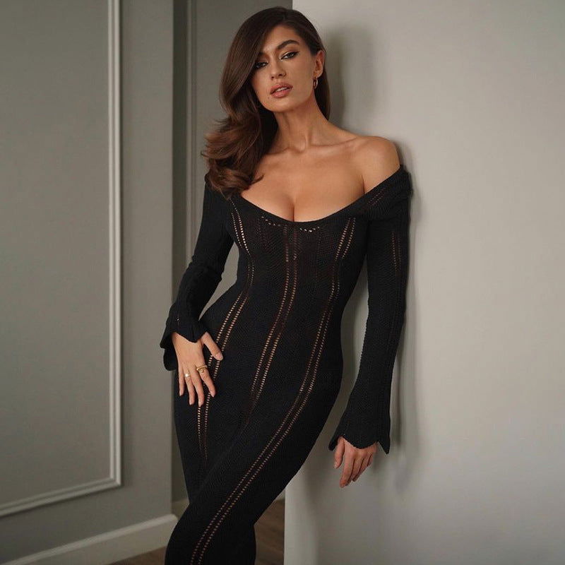 Dress Long Sleeved U Neck Backless Sheath Woolen Dress for