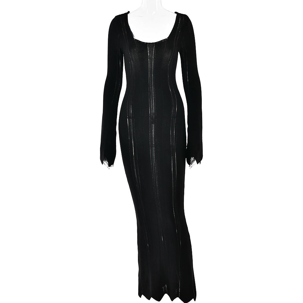 Dress Long Sleeved U Neck Backless Sheath Woolen Dress for