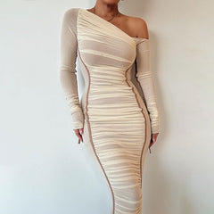Dress Mesh Stitching One Shoulder Cold Shoulder Slim Fit Maxi Dress
