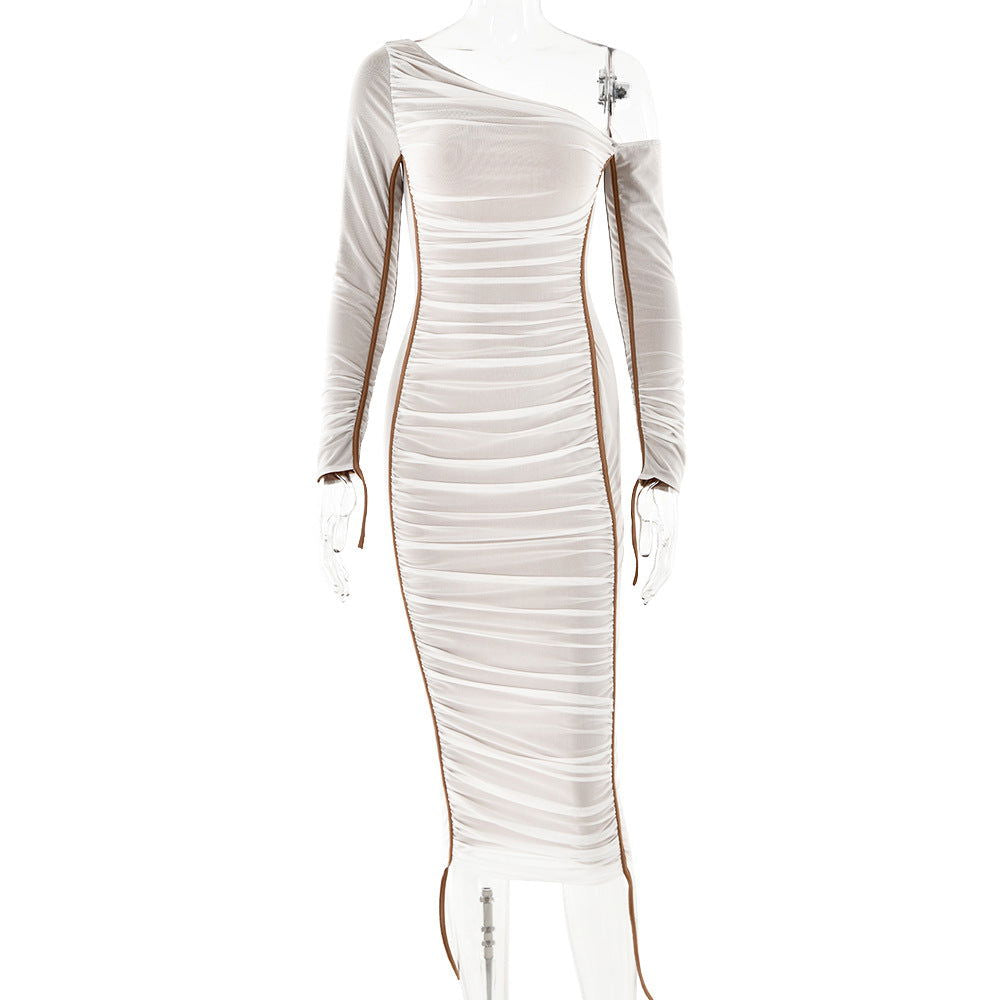 Dress Mesh Stitching One Shoulder Cold Shoulder Slim Fit Maxi Dress
