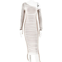 Dress Mesh Stitching One Shoulder Cold Shoulder Slim Fit Maxi Dress