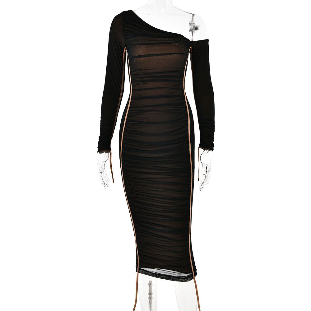 Dress Mesh Stitching One Shoulder Cold Shoulder Slim Fit Maxi Dress