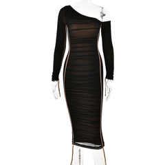 Dress Mesh Stitching One Shoulder Cold Shoulder Slim Fit Maxi Dress