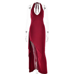 Dress V neck Halter Strap Backless Slit Maxi Dress