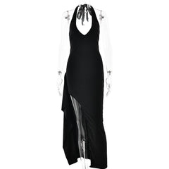 Dress V neck Halter Strap Backless Slit Maxi Dress