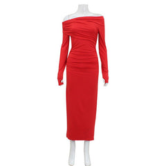 Off Shoulder Long Sleeve Waist Controlled Hip Dress Elegant Retro Red
