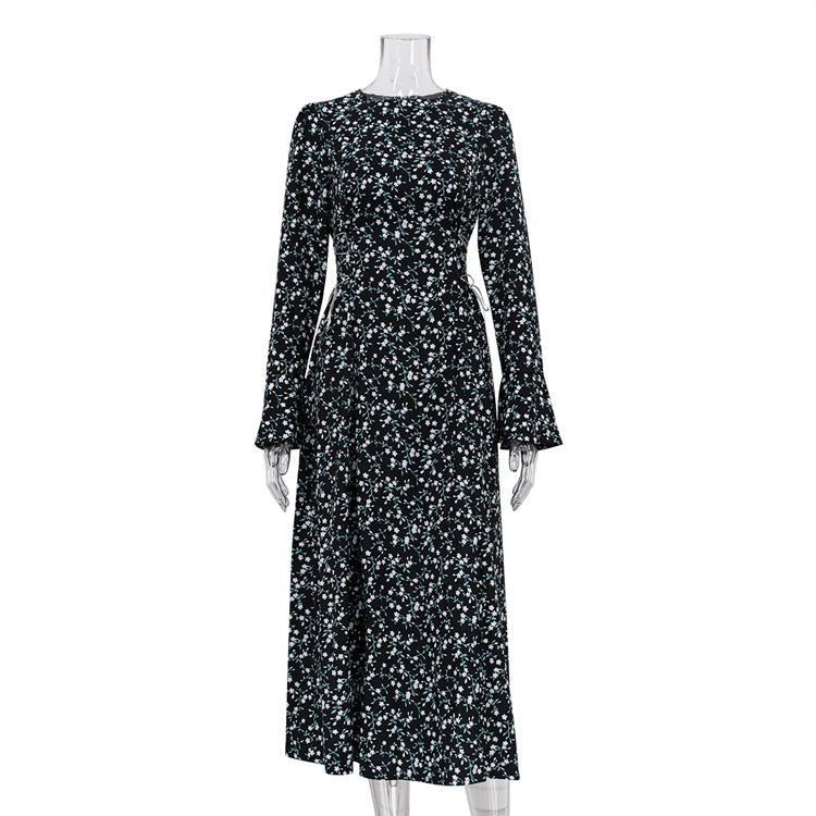Elegant Flare Sleeve Floral Dress round Neck Waist Trimming Design Max AmiEmi Elegant Flare Sleeve Floral Dress round Neck Waist Trimming Design Max AmiEmi