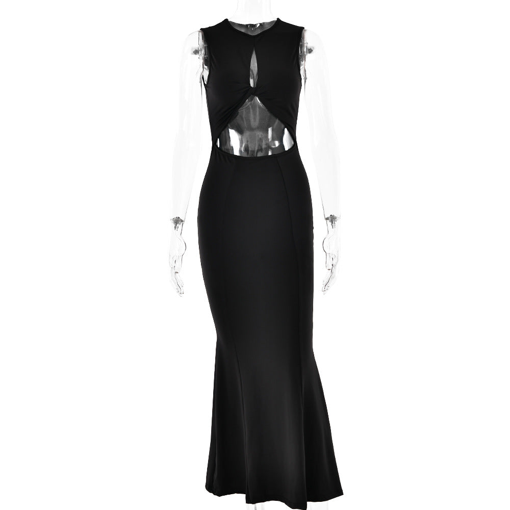 Solid Color Round Neck Sleeveless Stitching Backless Hip Long Dress