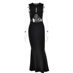 Solid Color Round Neck Sleeveless Stitching Backless Hip Long Dress