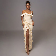 Solid Color Backless Slit Splicing Sling Maxi Dress