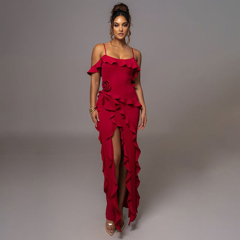 Solid Color Backless Slit Splicing Sling Maxi Dress