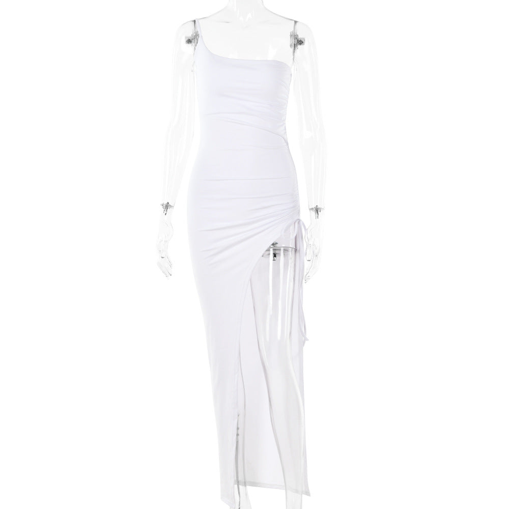 Single Shoulder Cami Dress Tight Ruched High Split Maxi Dress for