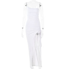 Single Shoulder Cami Dress Tight Ruched High Split Maxi Dress for