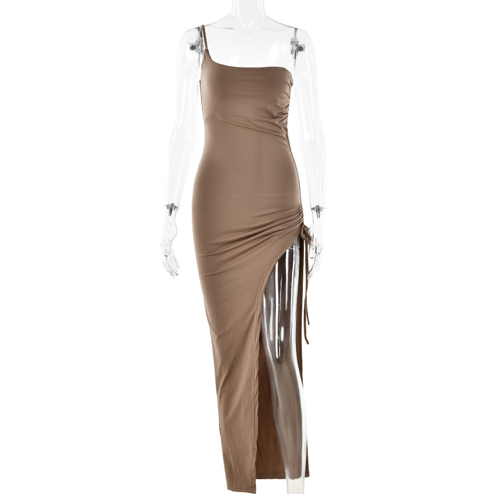 Single Shoulder Cami Dress Tight Ruched High Split Maxi Dress for