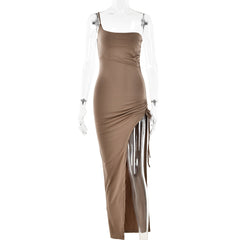 Single Shoulder Cami Dress Tight Ruched High Split Maxi Dress for