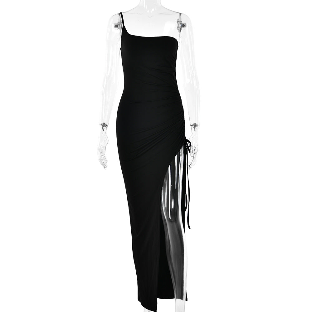 Single Shoulder Cami Dress Tight Ruched High Split Maxi Dress for