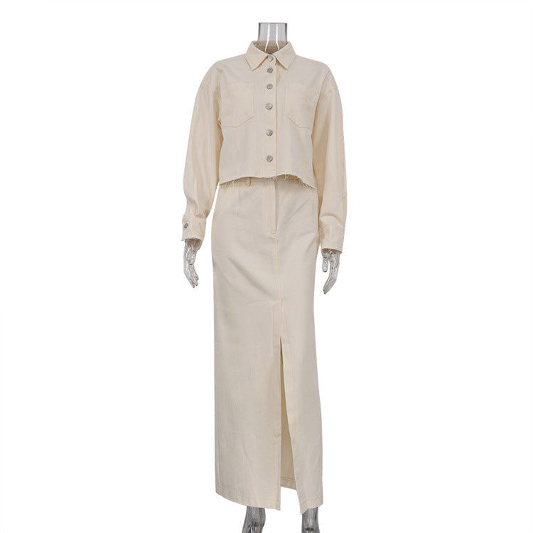 Skirt Set French Long Sleeved Shirt High Waist Split Dress Office Two Piece Suit for