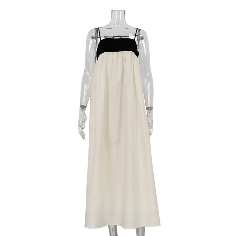 Black White Contrast Color Sling French Backless Long Pettidress