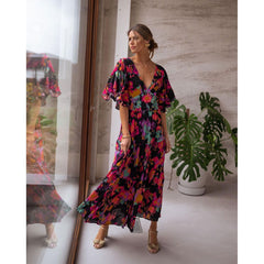 Casual V neck Dress Loose Backless Large Swing