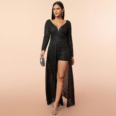 Elegant Dress Deep V Plunge Mesh Sequ Long Sleeve Cocktail Dress
