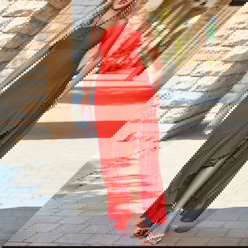 Elegant Dress Halter Tube Top Backless Sleeveless Split Ruffled Maxi Dress
